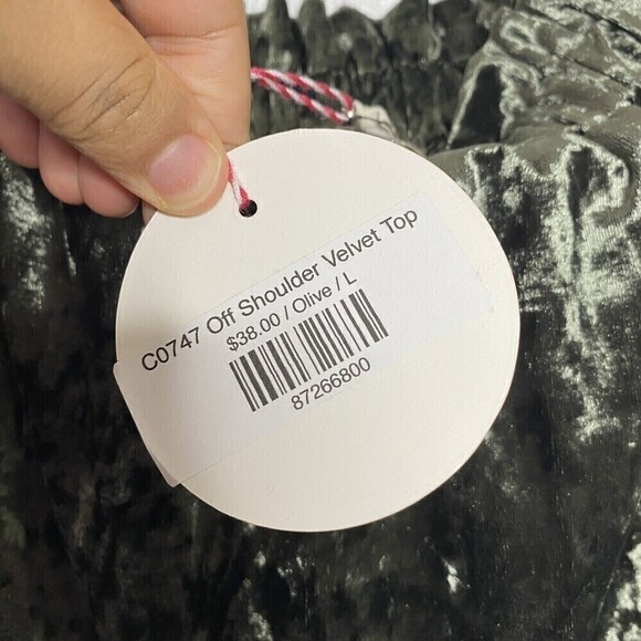 NWT Umgee Green Olive Velvet Off Shoulder Top Blouse Size Large - Picture 7 of 11